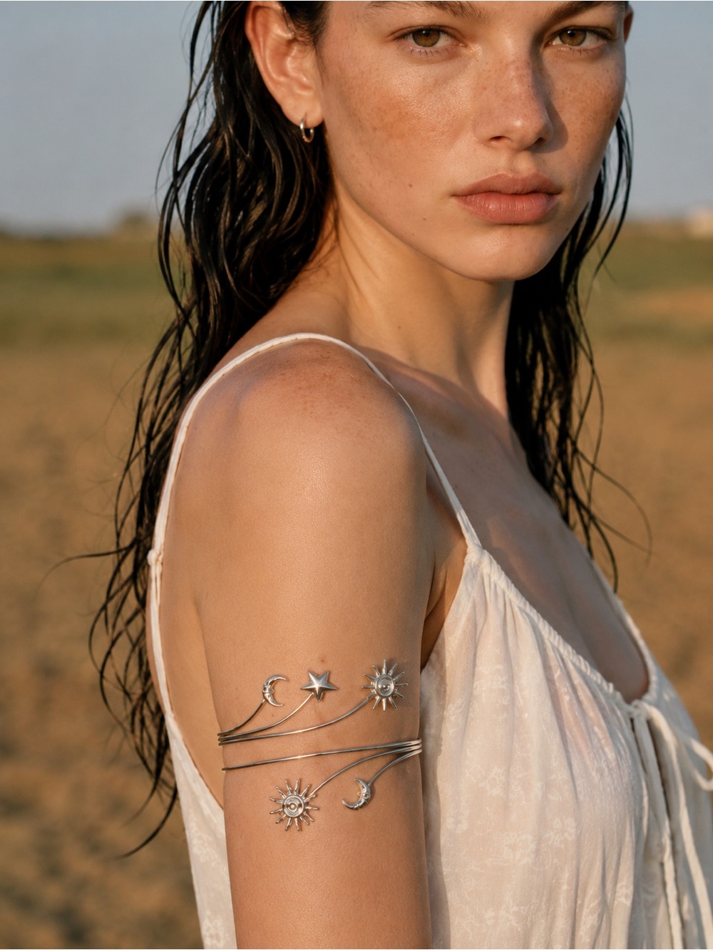 Silver Celestial Wrap Bracelet | Sun Moon Star Cuff | Stainless Steel